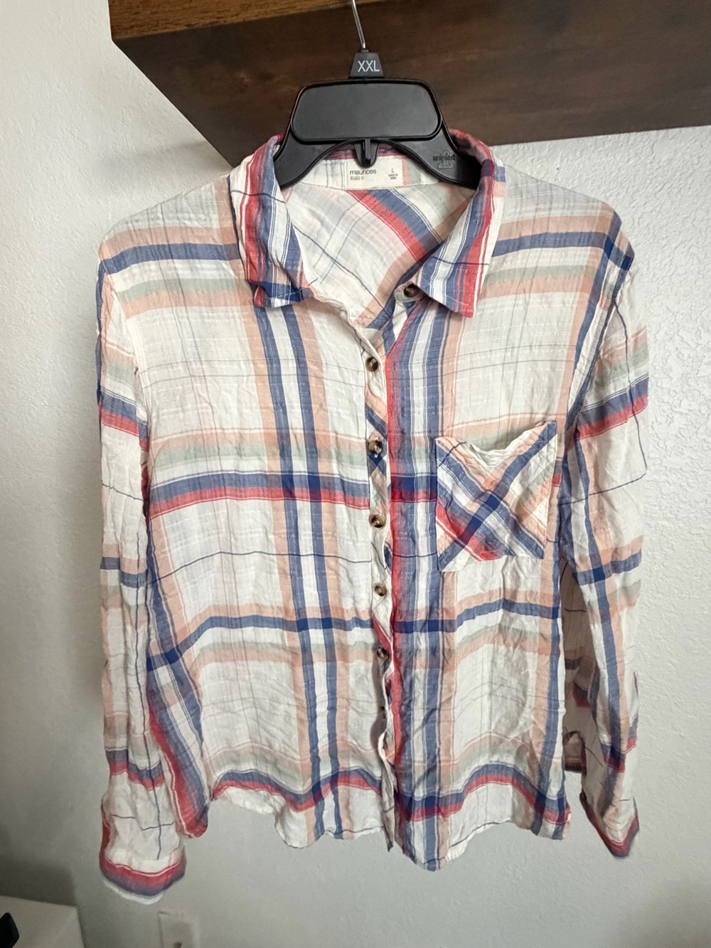 Maurices Plaid Button-Down Shirt in Blue, Red & Cream